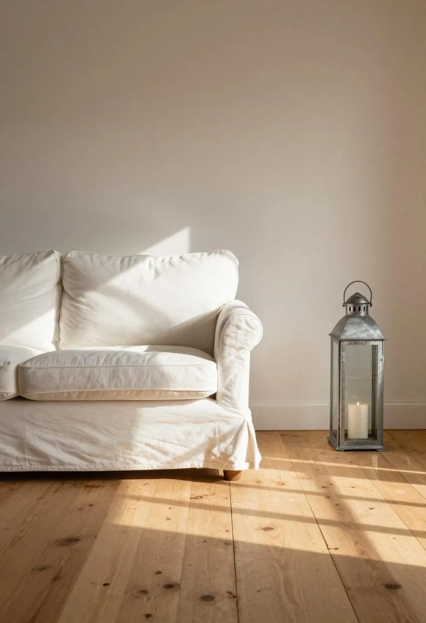 White slipcovered sofa with a galvanized lantern on wide-plank pine floors in afternoon sun