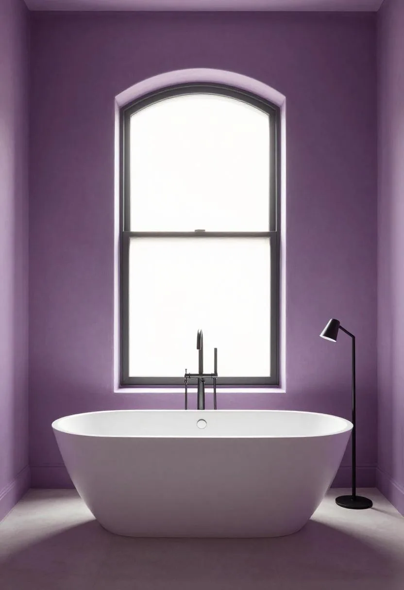 Freestanding white stone tub against deep aubergine limewash walls with a black iron floor lamp and arched window