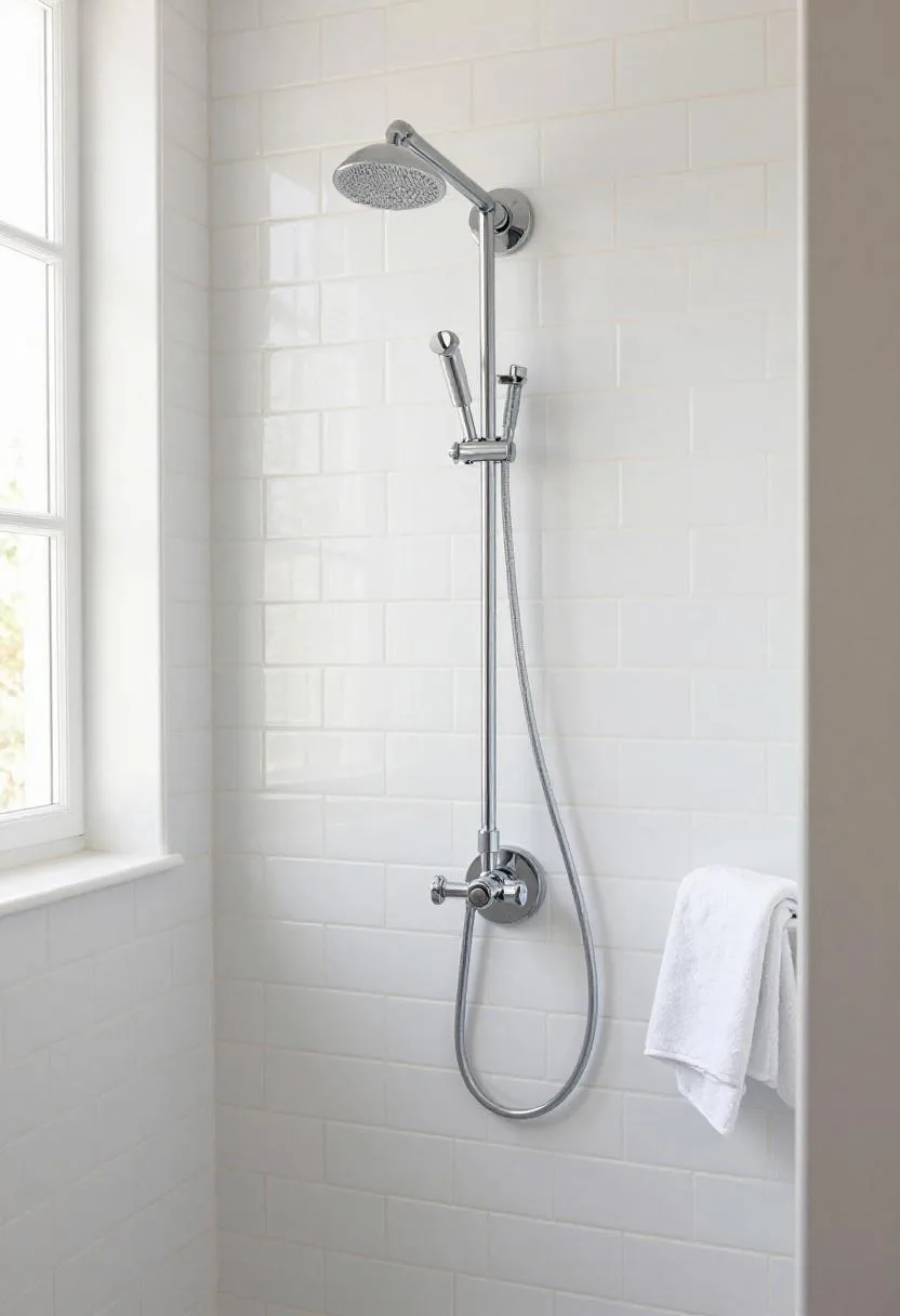 Classic white subway tile farmhouse shower with thick off-white grout lines and chrome cross-handle fixtures