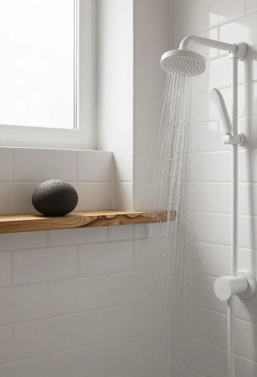 White subway tile wet room with cast iron showerhead and driftwood shelf detail