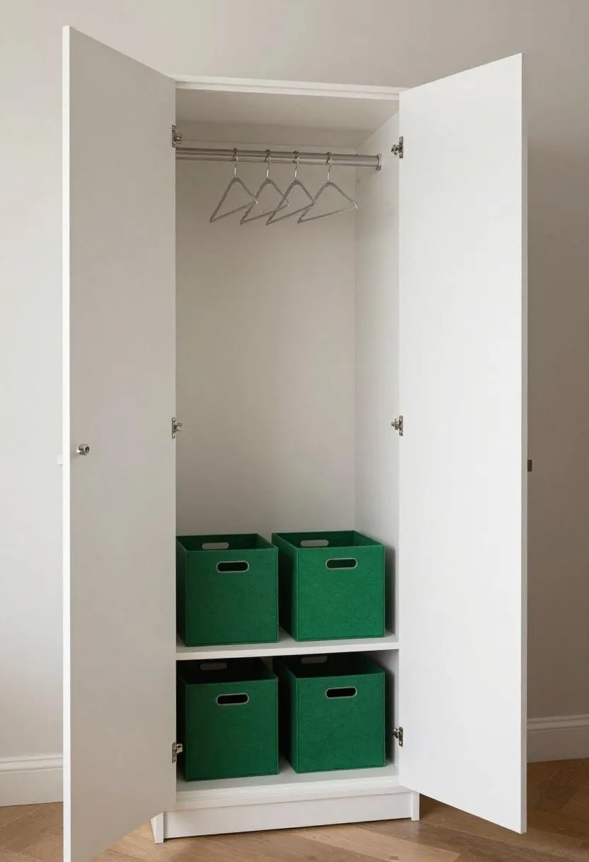 Open white wardrobe with double hanging rail and forest green felt bins on the lower shelf