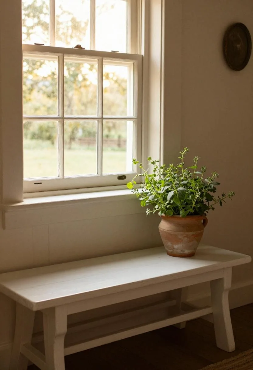White-washed pine farmhouse breakfast nook with clay herb pot on sunny windowsill