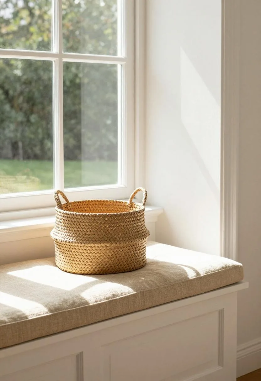 White window bench with sandy linen cushion and seagrass basket in afternoon sunlight