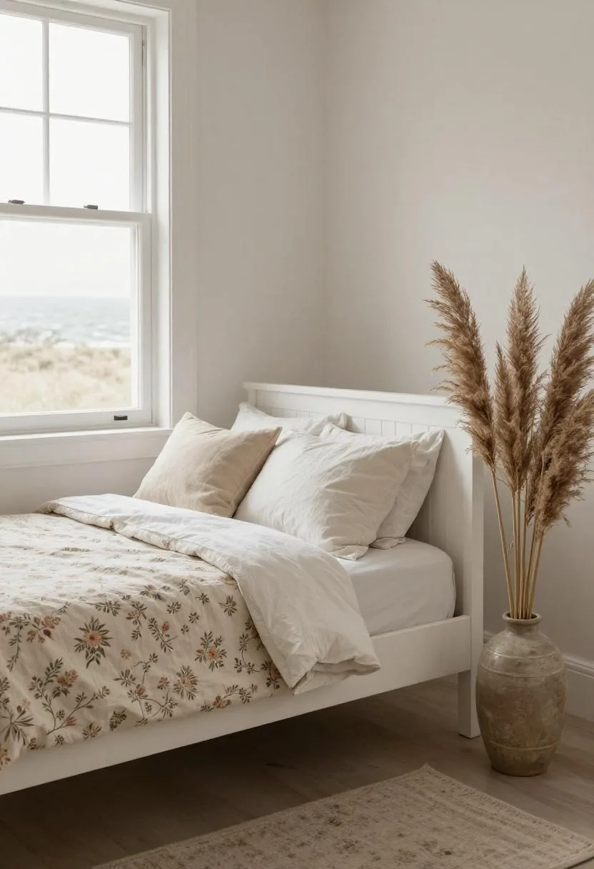White painted wood bed with floral quilt and pampas grass stems in a vase, coastal cottagecore bedroom in morning light