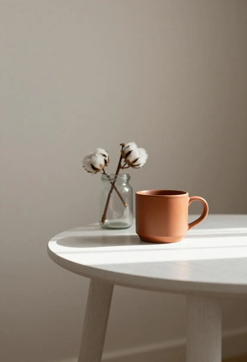 Whitewashed oak side table with a terracotta mug and dried cotton stems in morning light