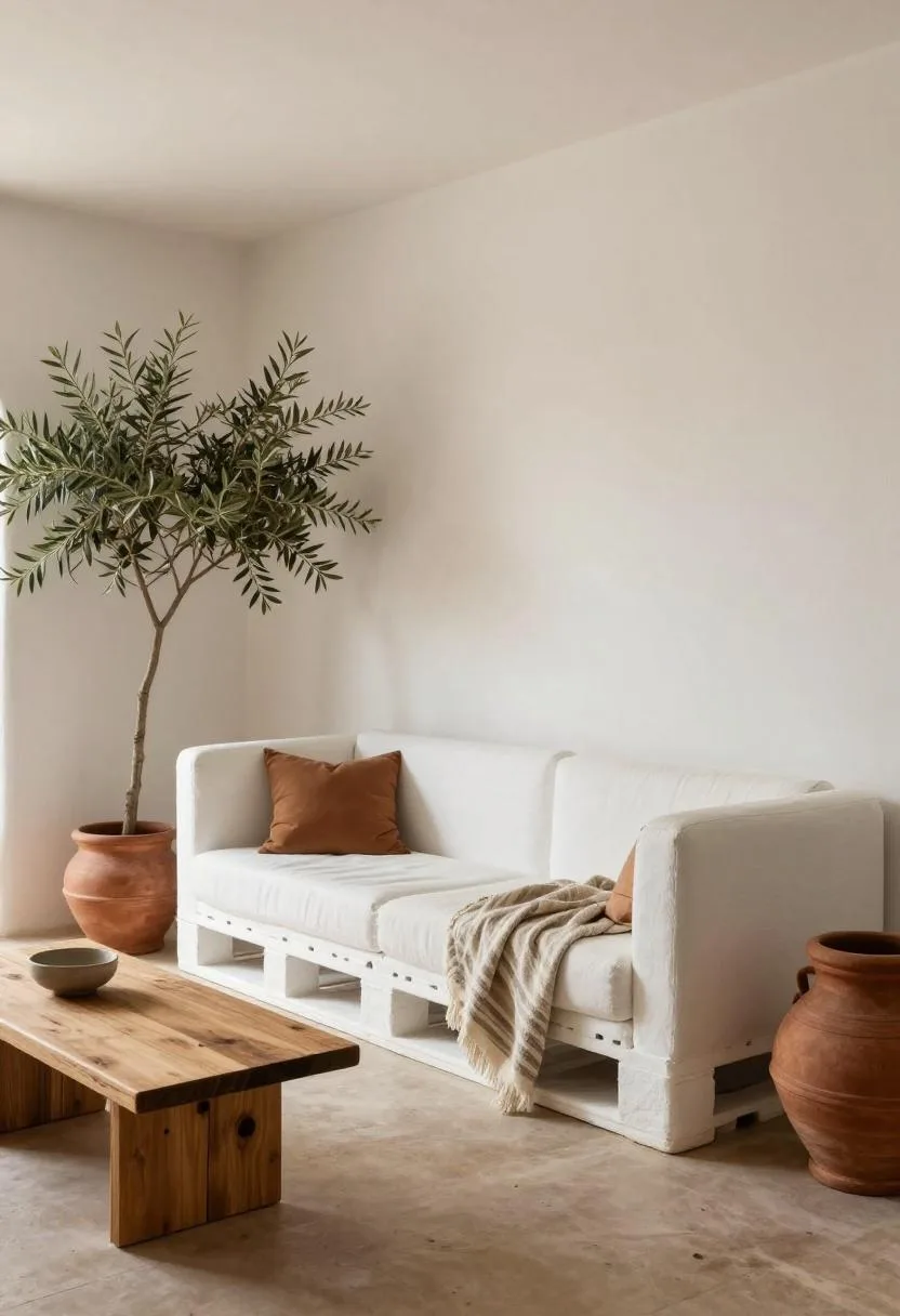 Whitewashed pallet sectional with striped cotton blanket flanked by olive trees in a Mediterranean courtyard
