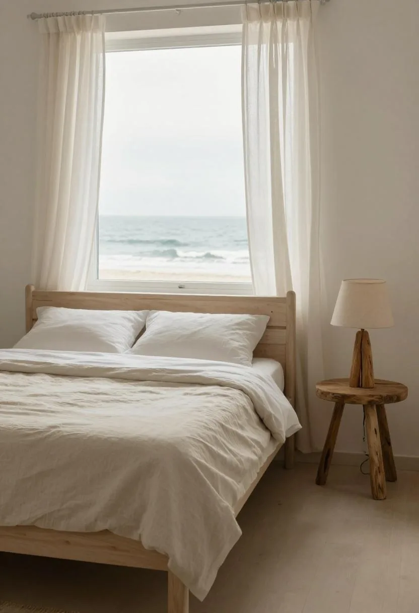 Whitewashed pine coastal bed with driftwood lamp in soft overcast light