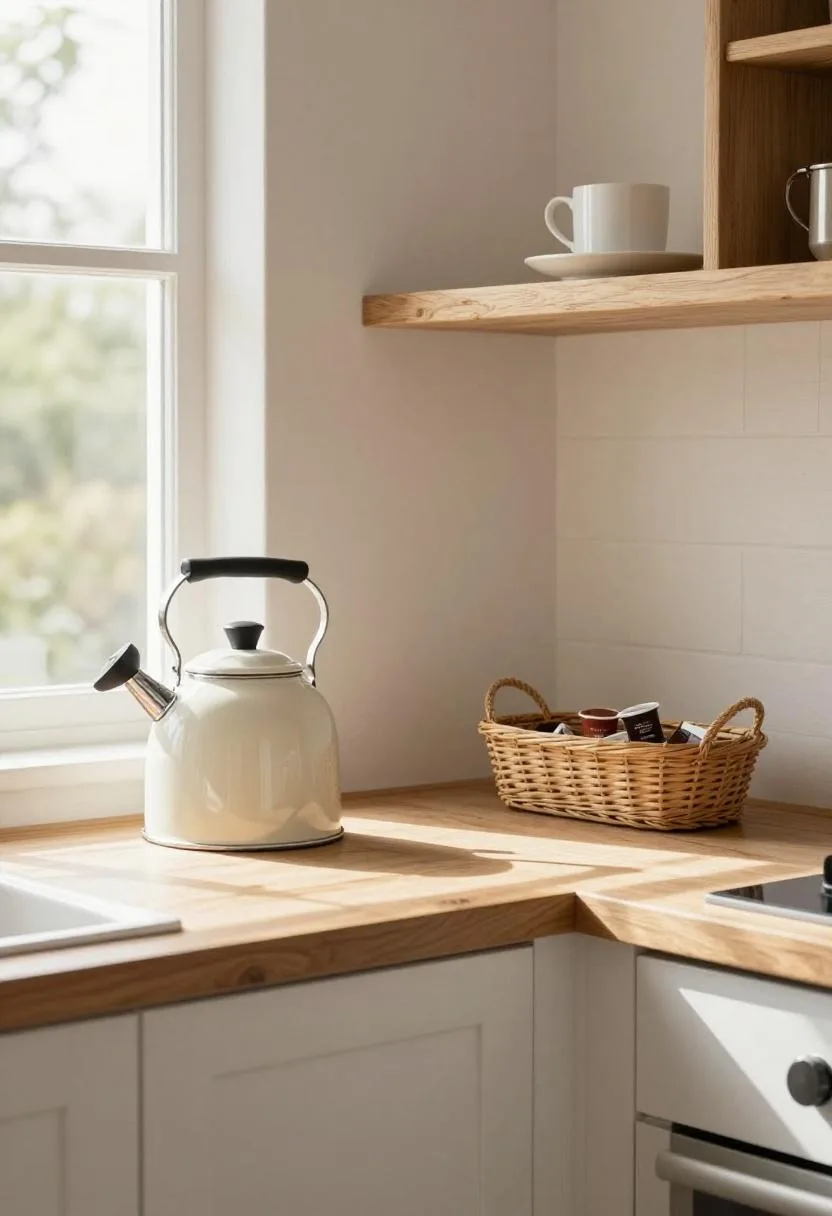 Whitewashed pine shelf with enamel kettle and wicker pod basket in a farmhouse kitchen coffee station