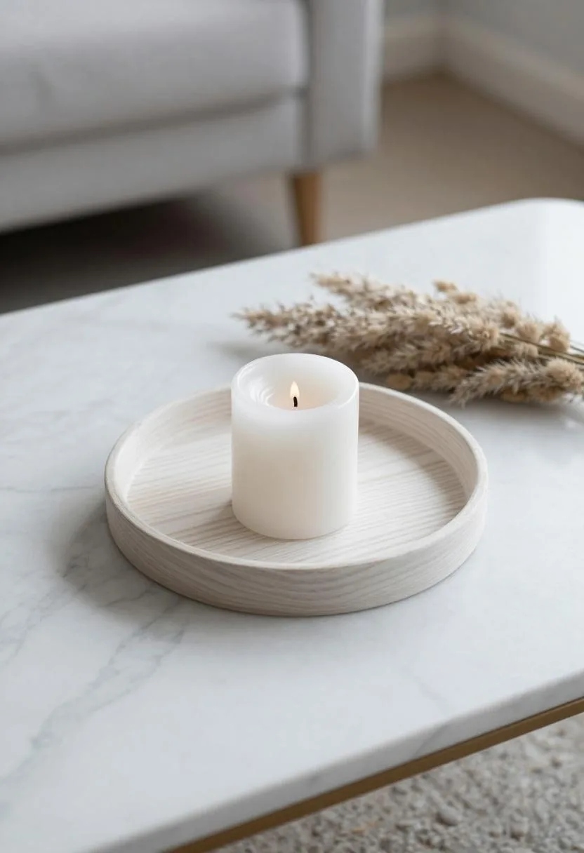 Whitewashed pine slat tray with candle and pampas grass on a marble table