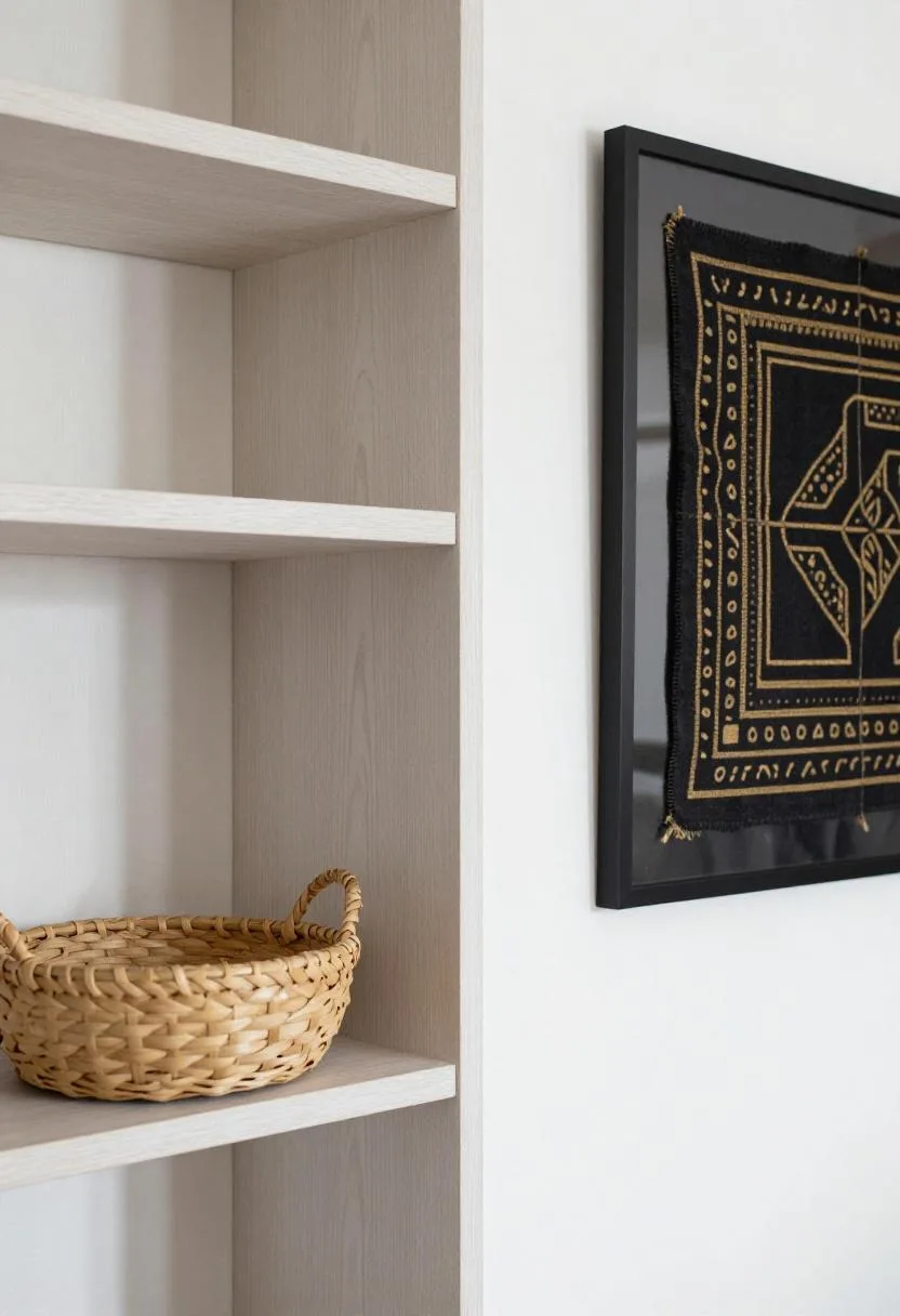 Built-in whitewashed shelf unit displaying framed mudcloth art alongside a large woven palm leaf basket
