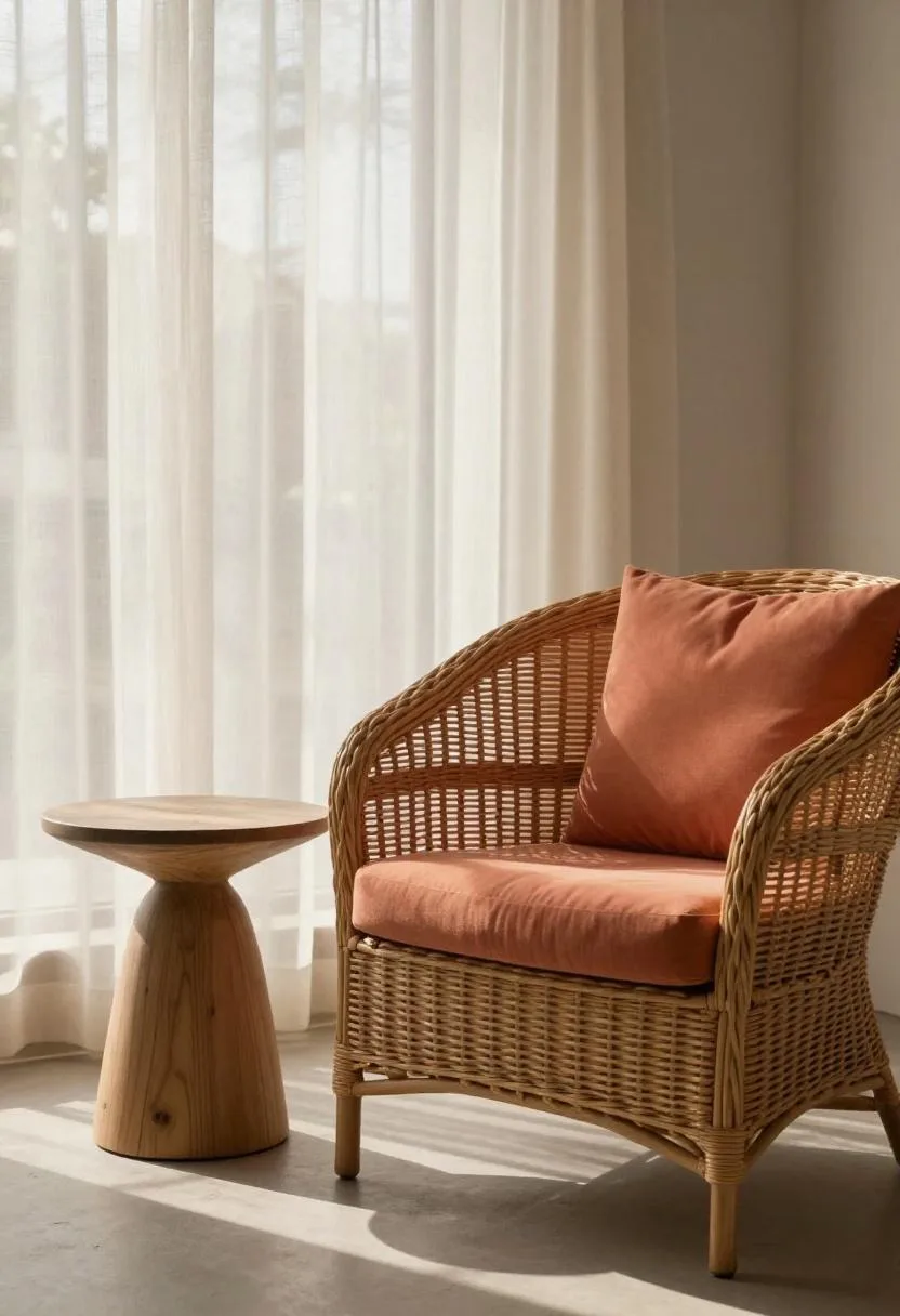 Wicker armchair with a warm coral cushion beside a bleached pine side table in bright morning sunlight