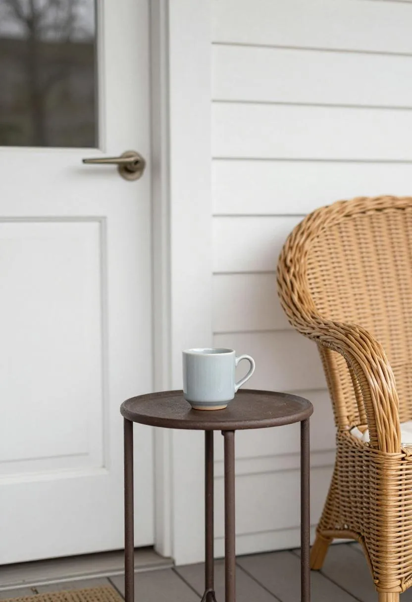 Wicker armchair and pale blue ceramic mug beside an unobstructed cottage porch doorway