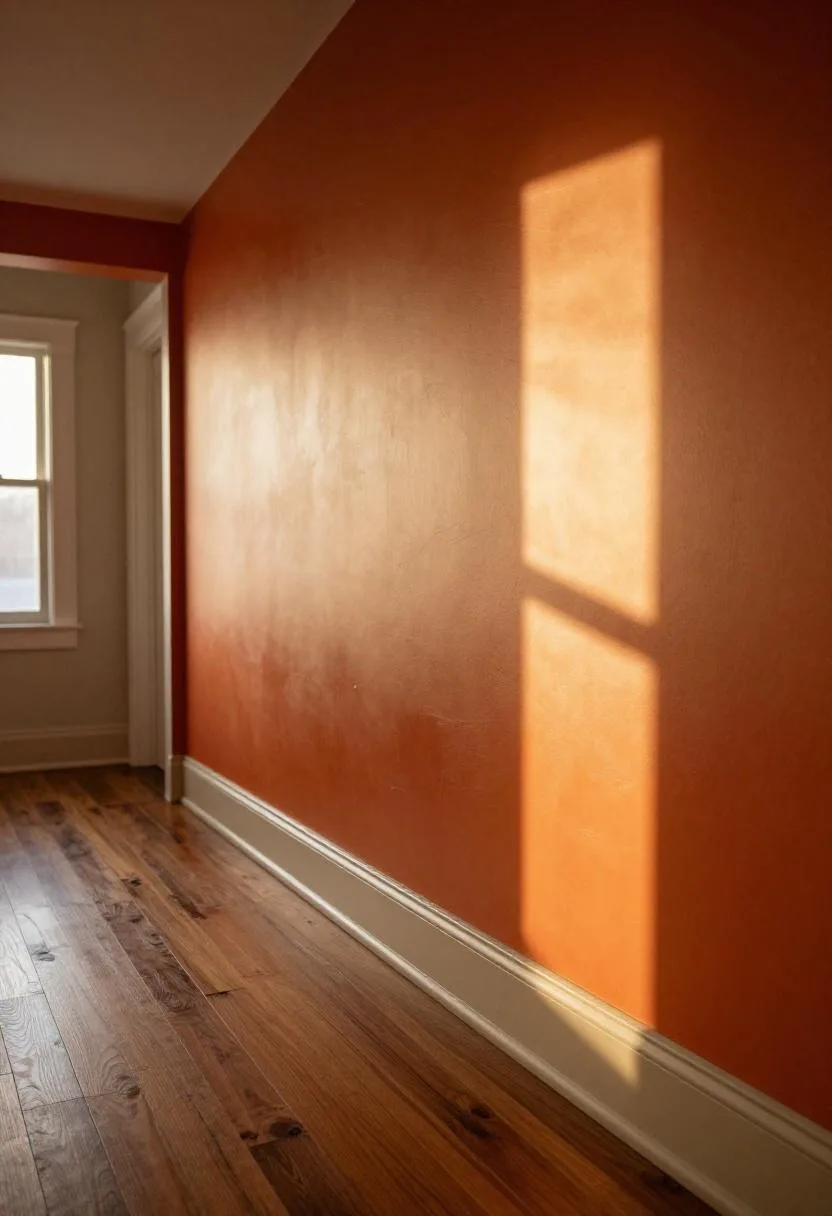 Wide craftsman baseboard in warm taupe creating striking contrast along a persimmon-orange hallway wall