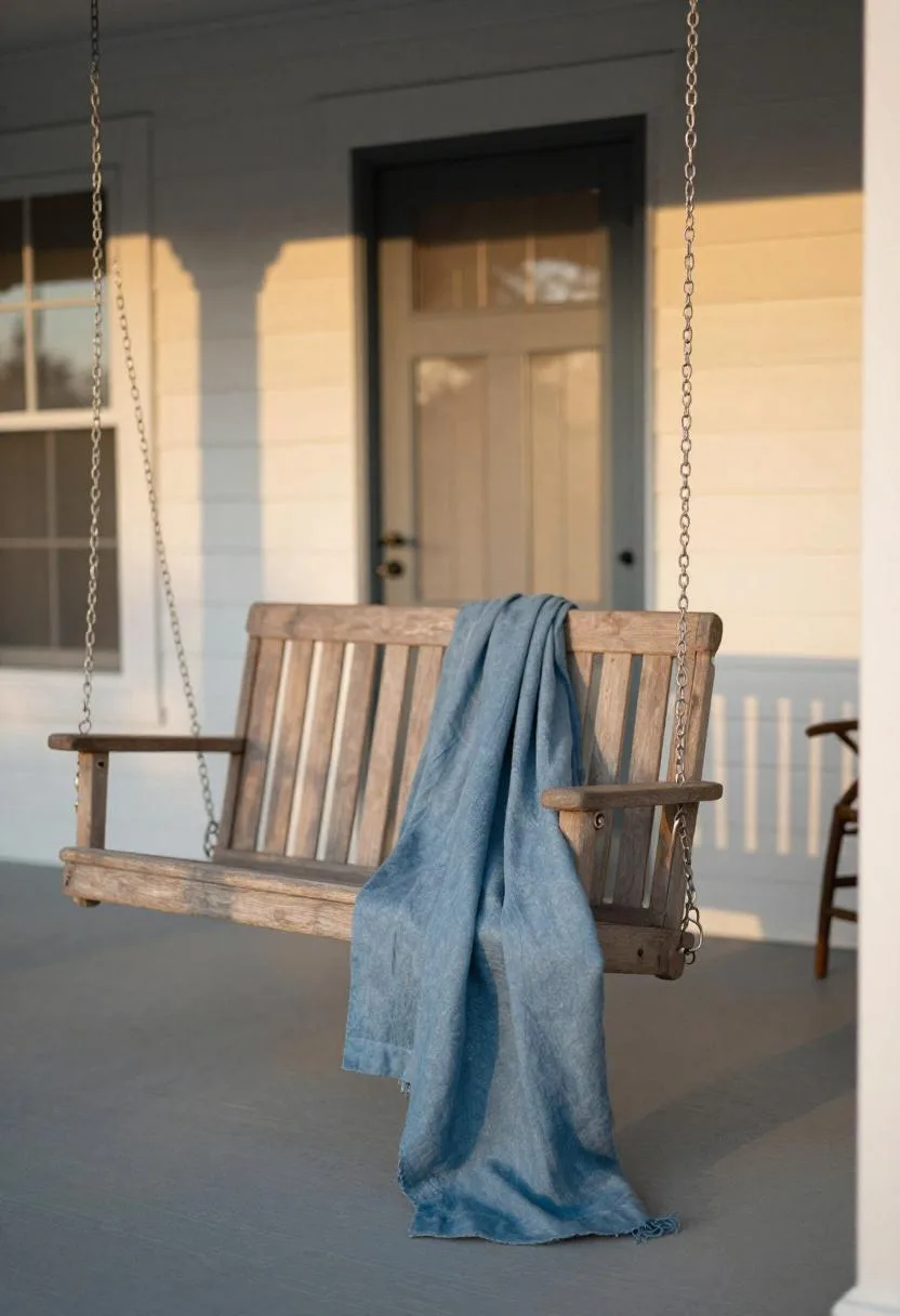Wood porch swing with steel blue linen throw hanging beside an open front door in golden hour