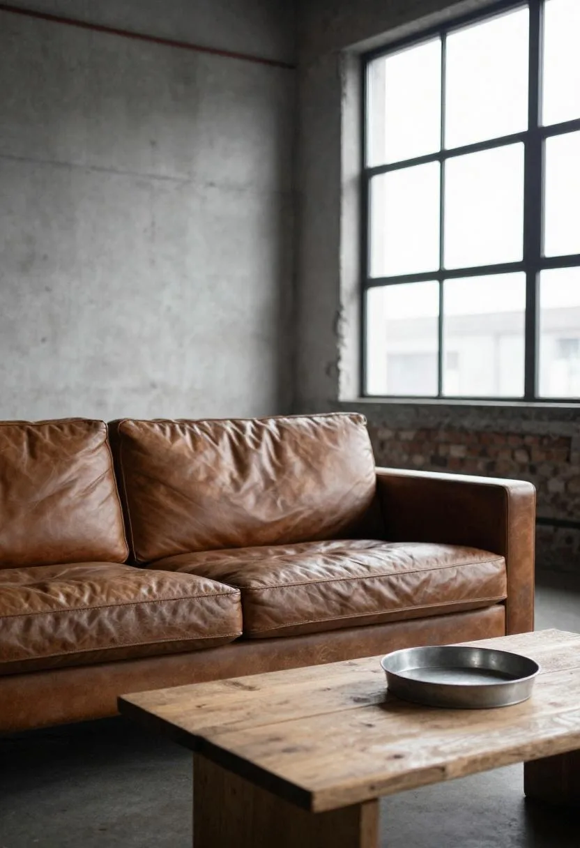 Worn leather sofa with reclaimed oak coffee table in an industrial concrete living room