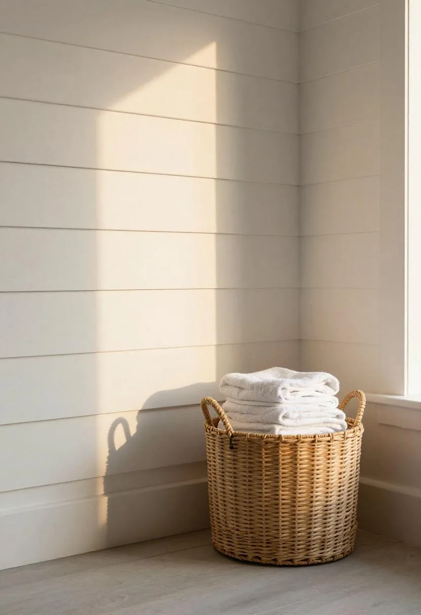 Woven seagrass basket with folded white towels beside a shiplap laundry room wall