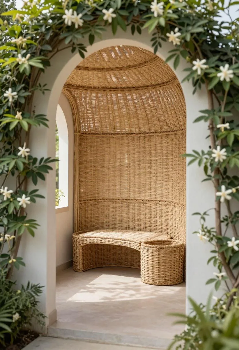Woven willow play den framed by climbing jasmine in a sheltered garden corner