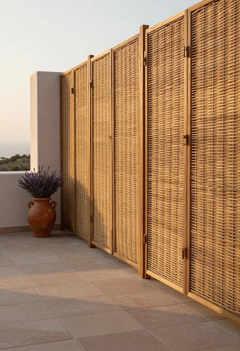 Woven willow screen and terracotta lavender urn adding Mediterranean warmth to a private terrace