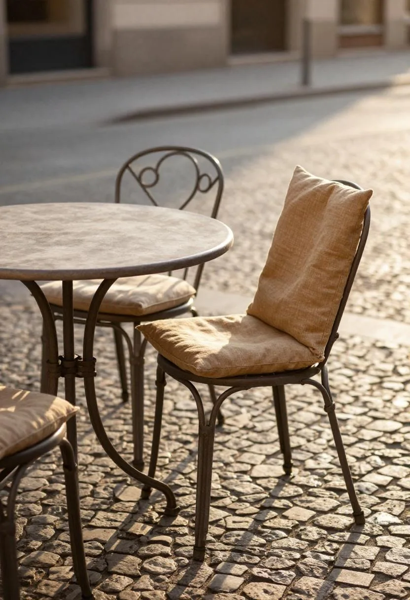 Wrought iron bistro set with a tan linen cushion on a cobblestone patio at golden hour
