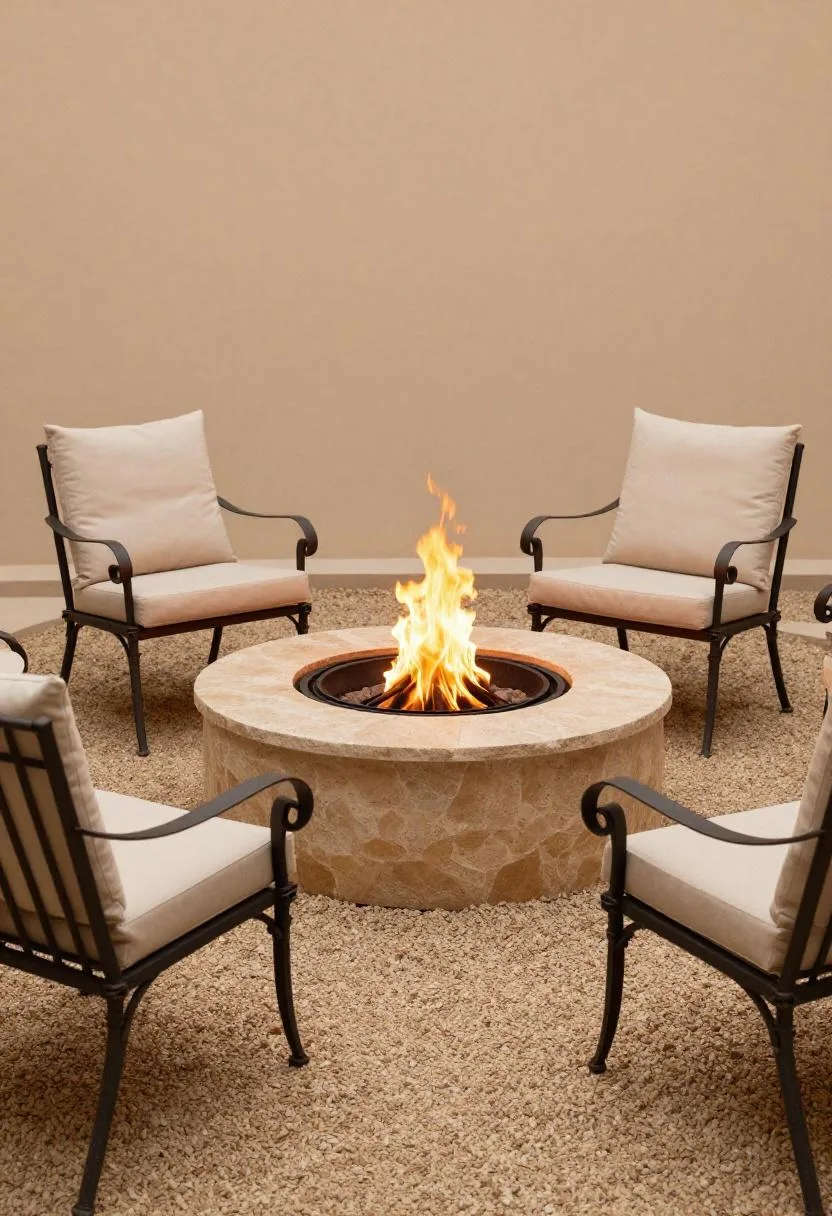 Wrought-iron chairs with off-white canvas cushions around a stone fire pit at coastal dusk
