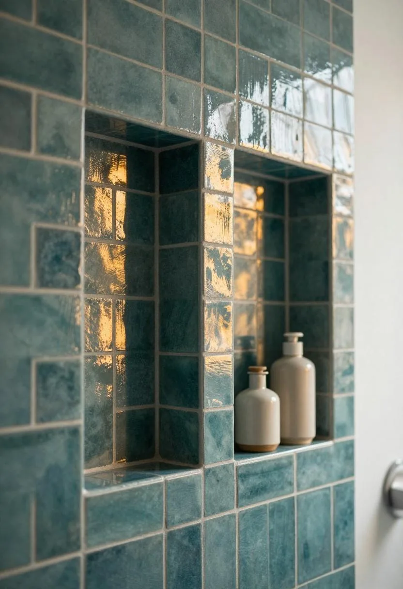 Shower niche set into a deep teal zellige tile wall holding two ceramic bottles