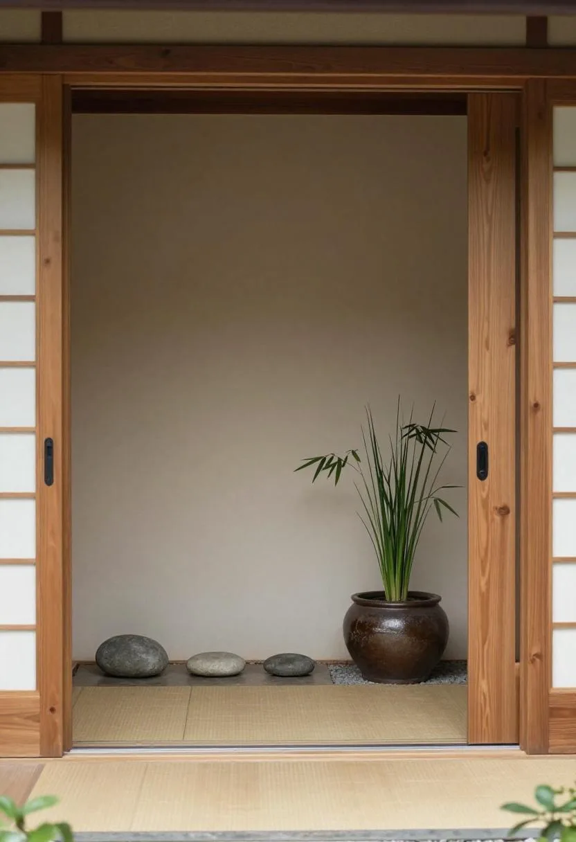 Zen cedar entry with a clay bamboo grass pot and river stones arranged on opposite sides of the door