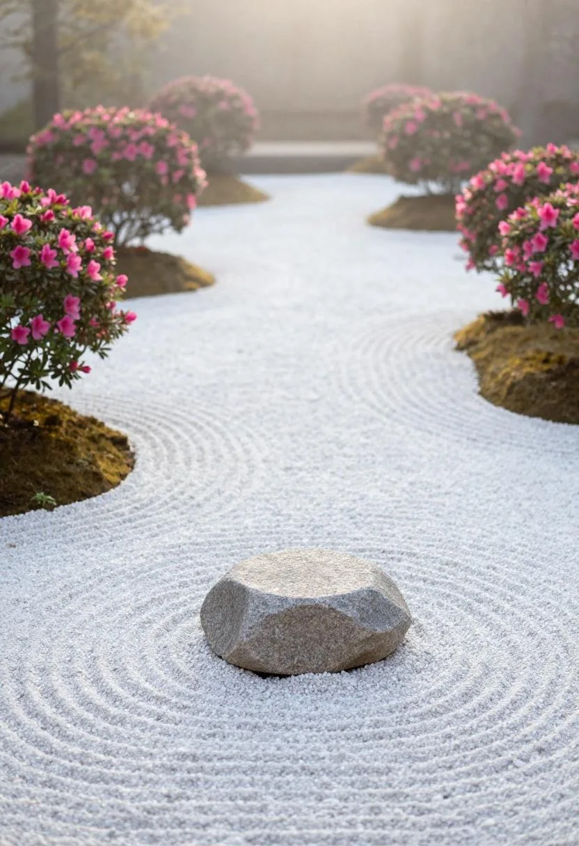 Raked gravel zen garden path with a granite stepping stone flanked by dusty rose azalea hedges at morning