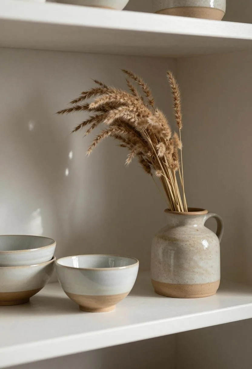Afrohemian kitchen shelf styled with earthy ceramics and dried pampas grass