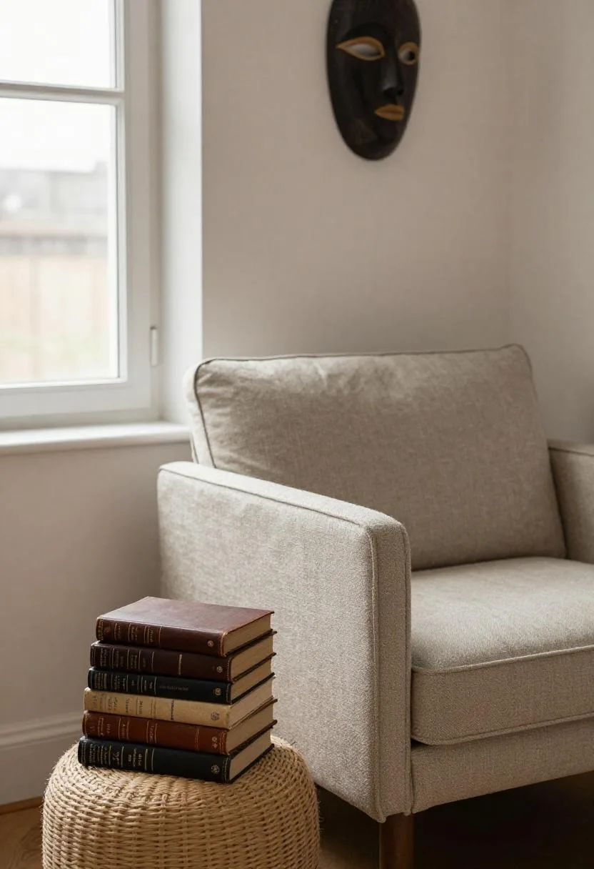 Bohemian reading nook with bouclé chair and carved ebony mask accent