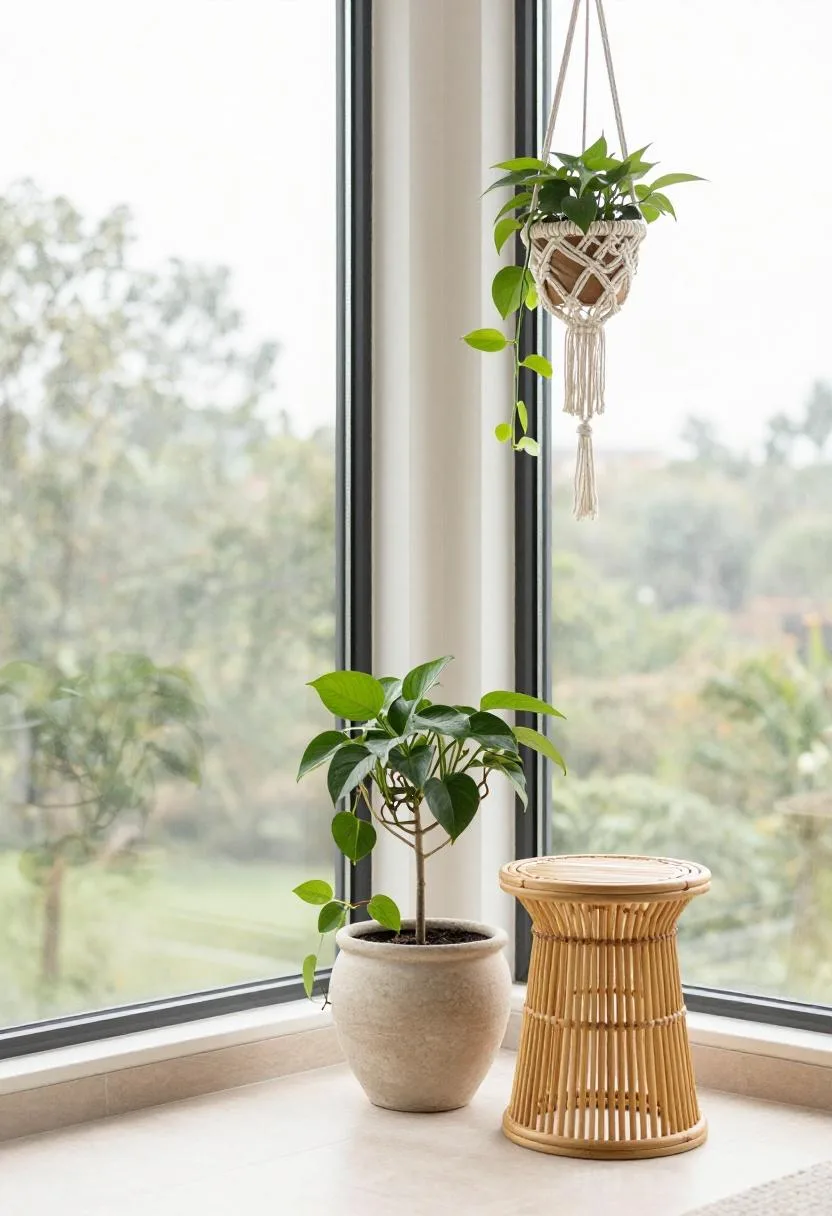 Bohemian sunroom with macramé plant hanger and stoneware pot