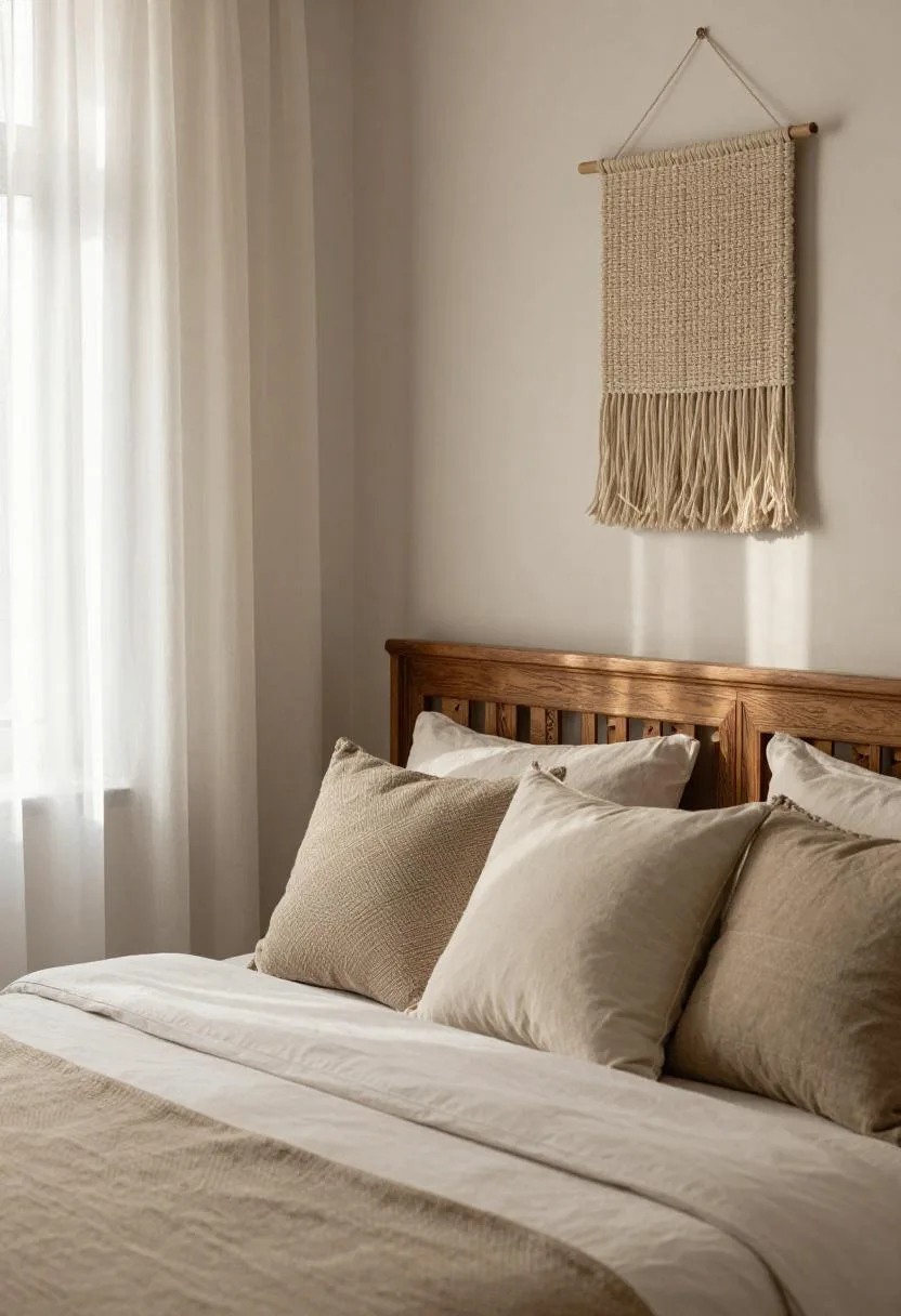 Carved wooden headboard styled with mudcloth pillows and fiber art