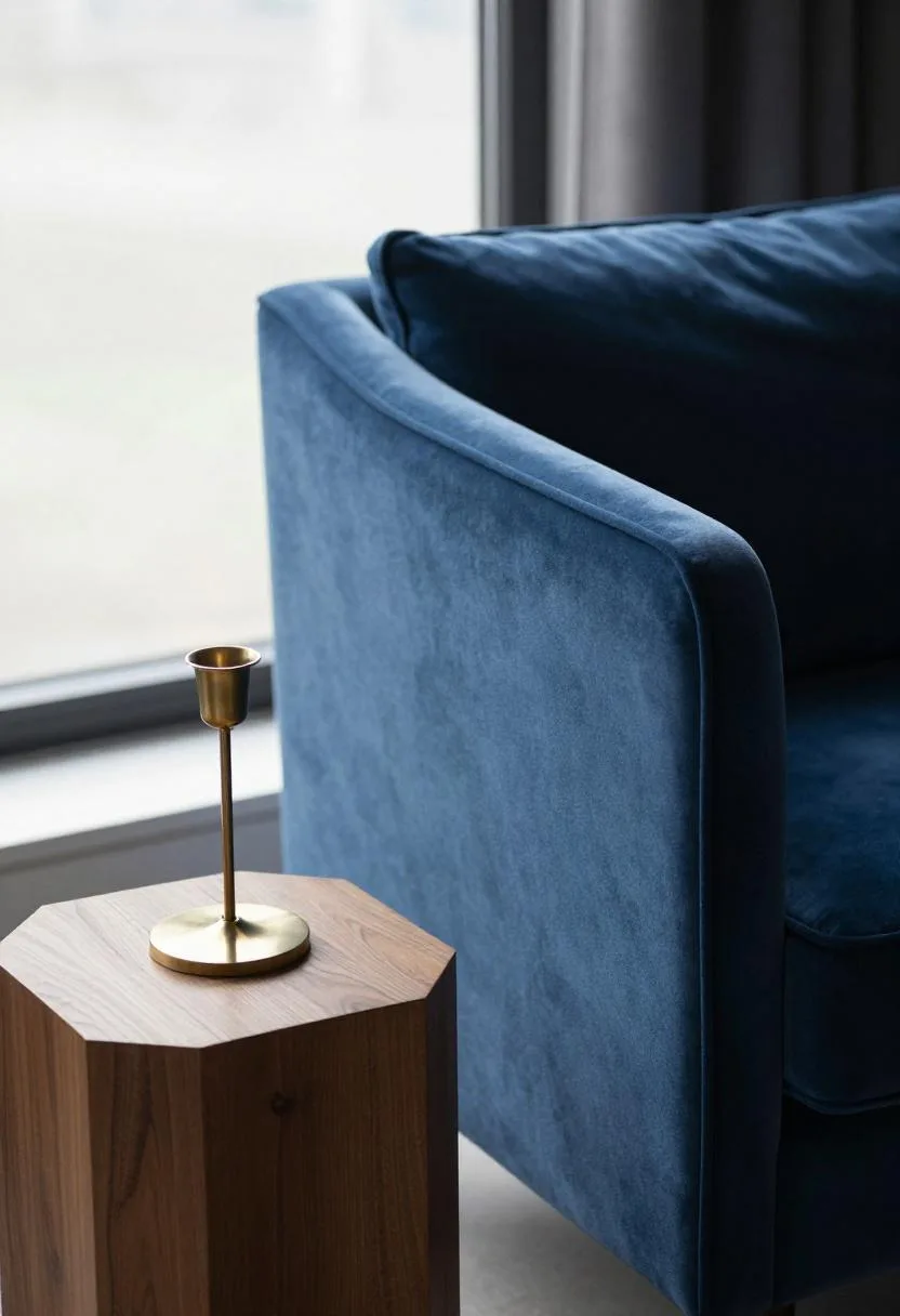 Cool Blue velvet chair adds a bold modern contrast to a warm room