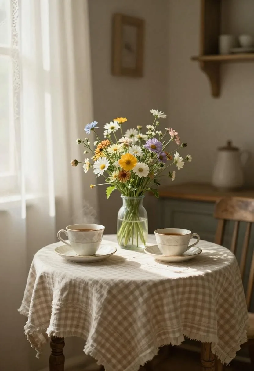 Cottagecore breakfast nook with gingham linen and wildflower vase