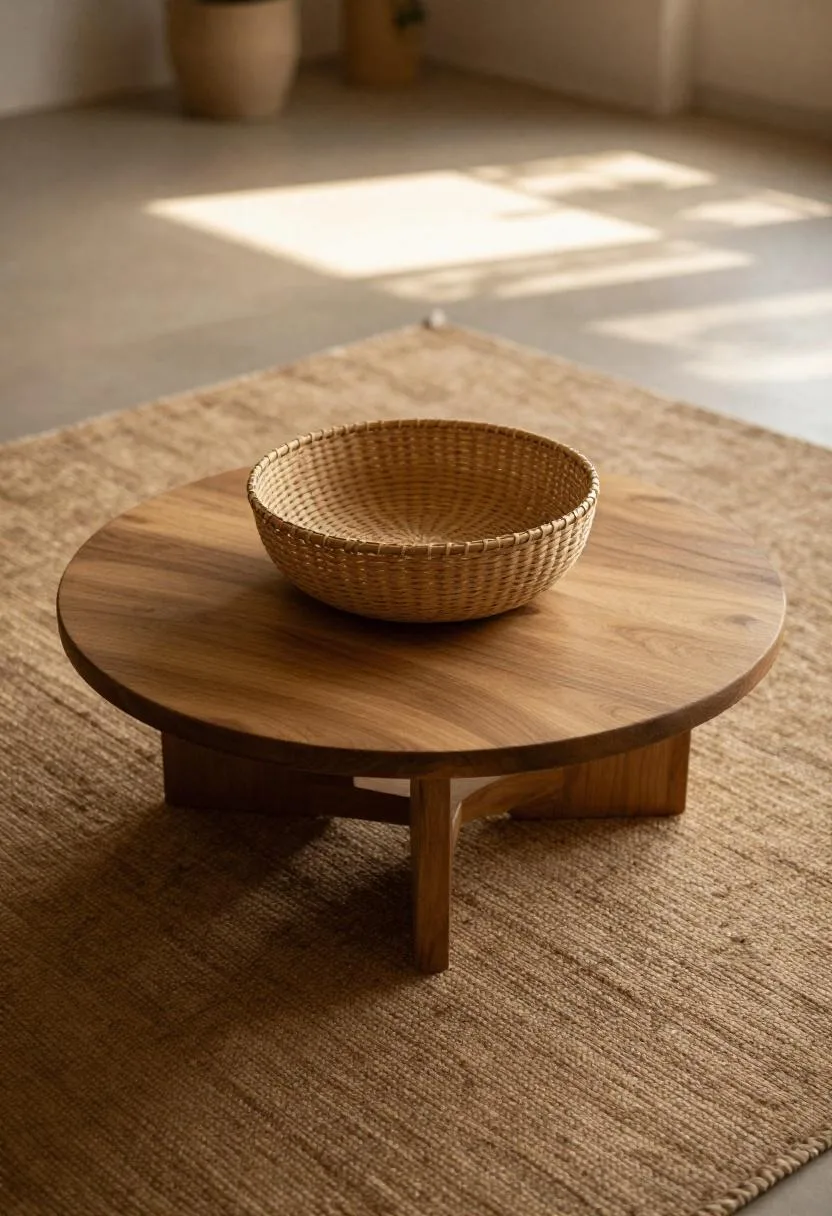 Layered flatweave rug and acacia table create global bohemian warmth