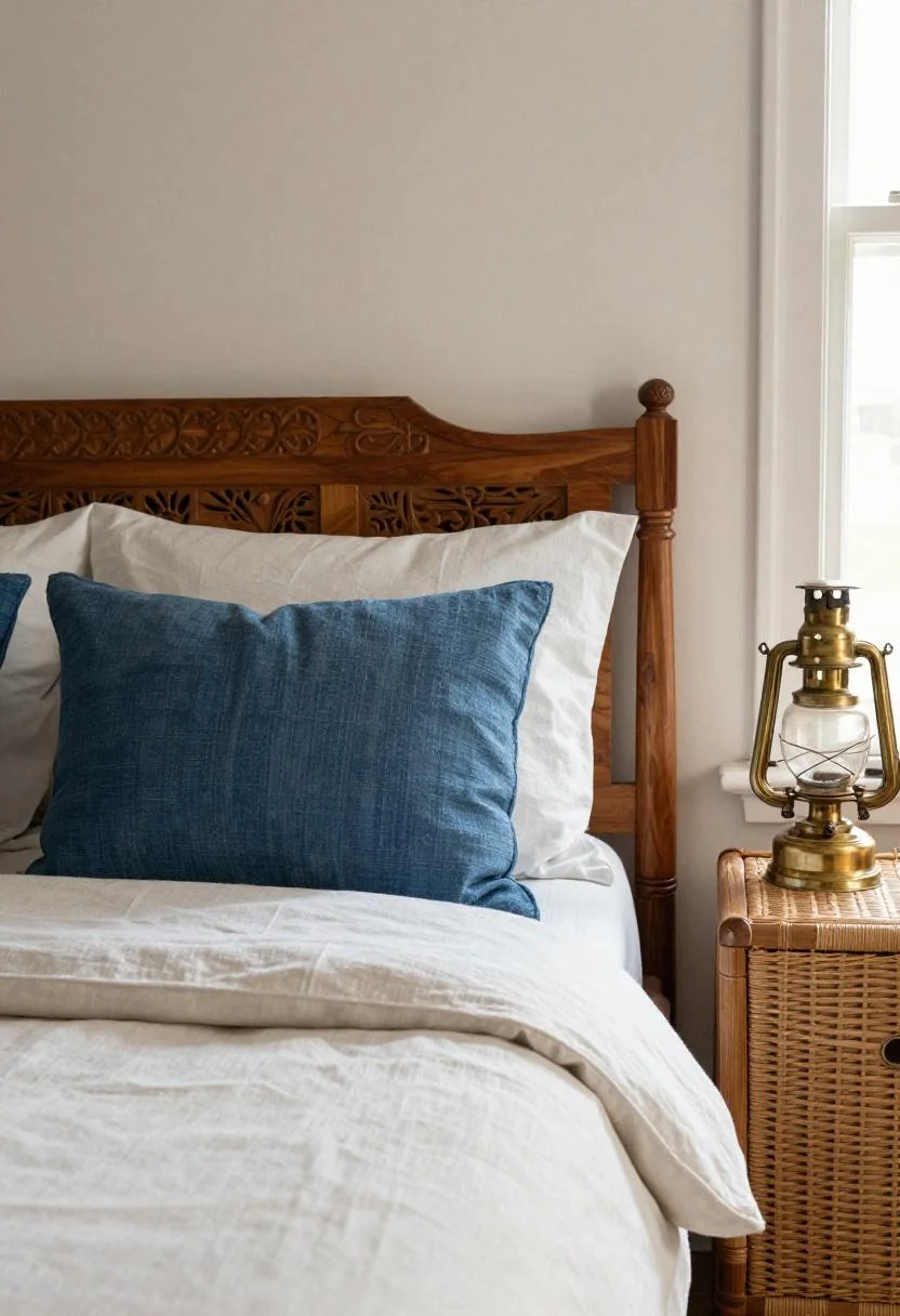 Afrohemian bedroom with carved acacia headboard and cool blue mudcloth pillow accent