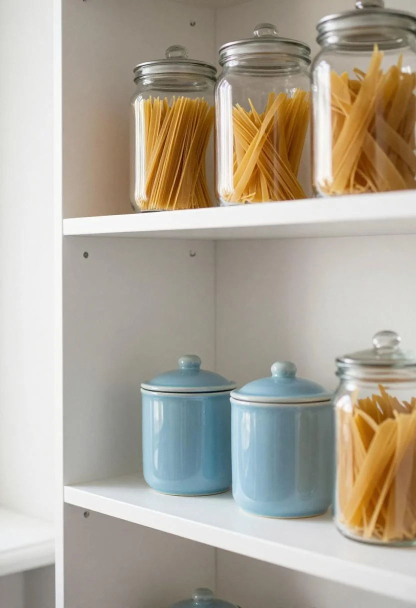 Pantry shelves organized with glass jars and cool blue ceramic canisters