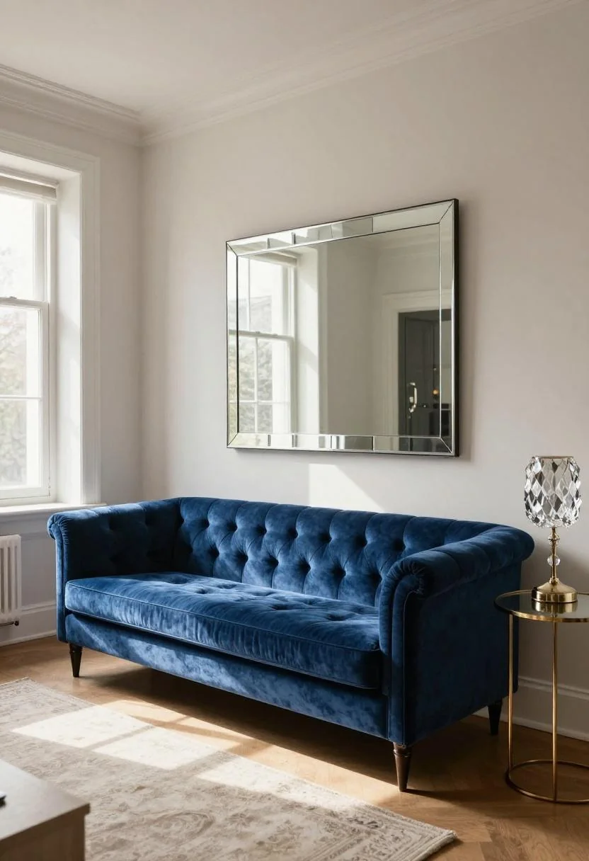 Cool blue velvet sofa beside a crystal table lamp and floor-to-ceiling beveled mirror panel