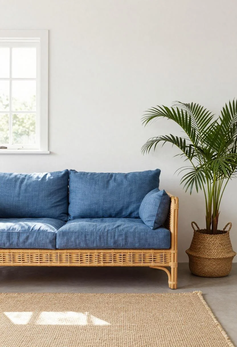 Rattan sofa with cool blue linen cushions beside an areca palm in a sun-washed tropical living room