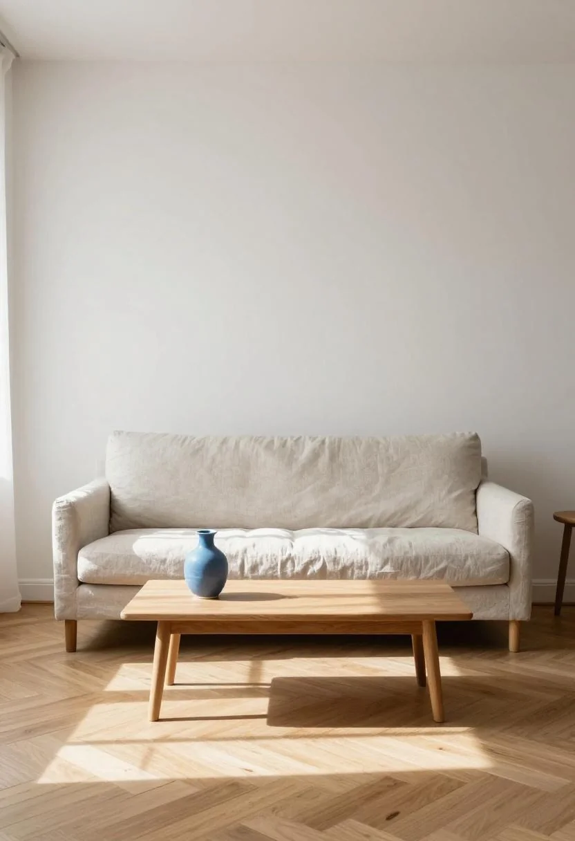 Calm cool blue living room palette mirroring the serene tones of a thoughtfully managed yard landscape with natural water flow
