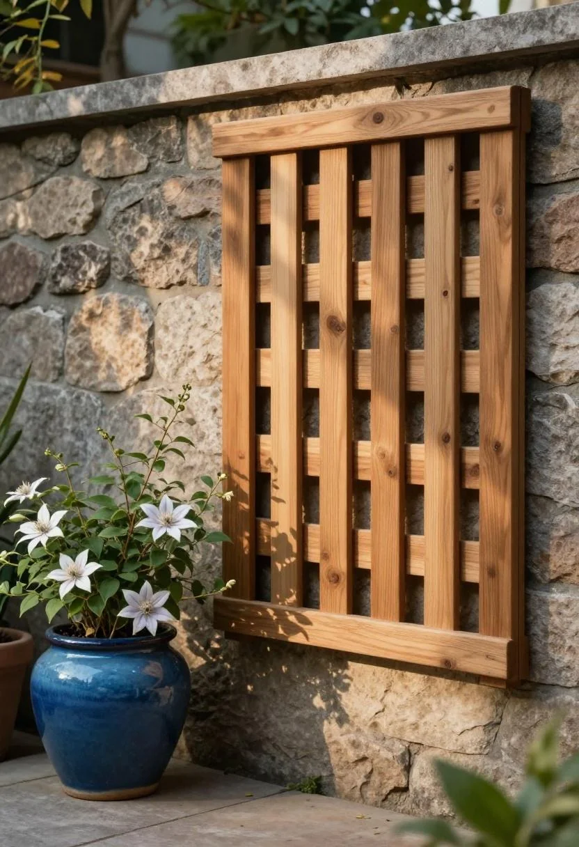 Cedar trellis mounted against a rough stone wall with a cool blue ceramic pot and clematis vine in morning light