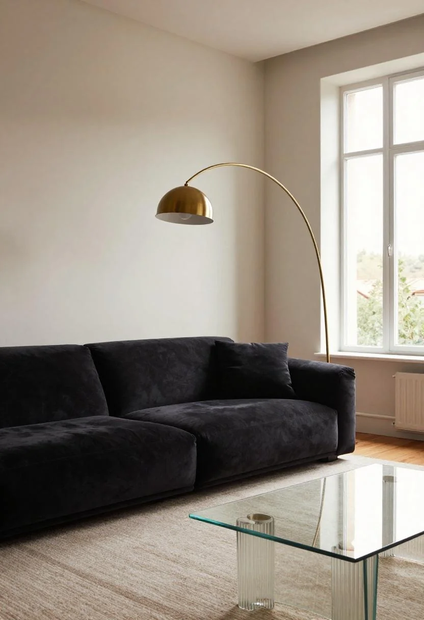 Neo Deco living room anchored by a plum noir velvet sofa and sculptural brass arc lamp