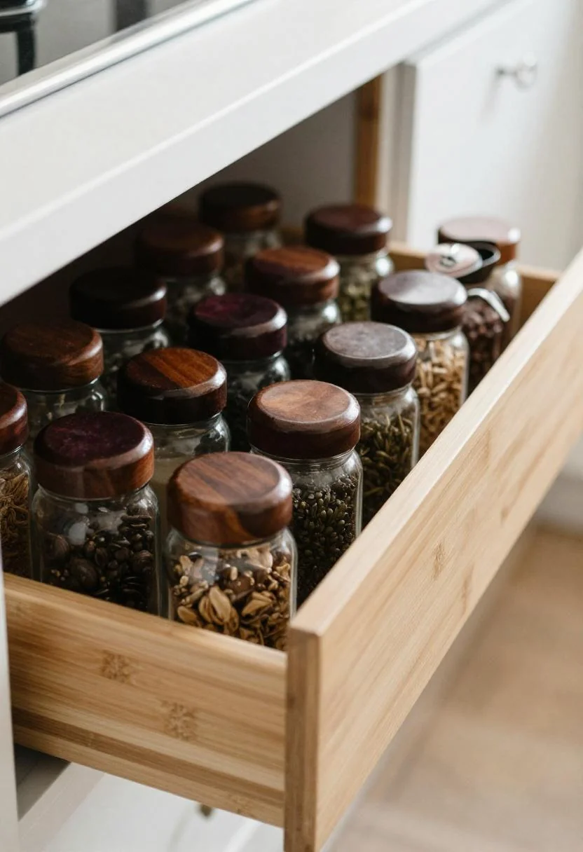 Spice drawer with bamboo dividers and dark plum-lidded glass jars neatly arranged