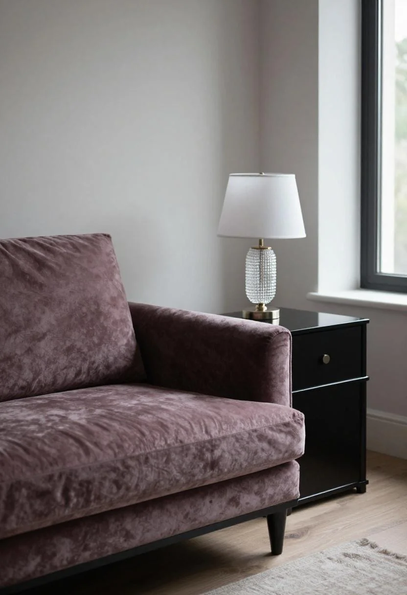 Plum velvet chaise longue with a beaded crystal lamp on a lacquered side table in warm afternoon light