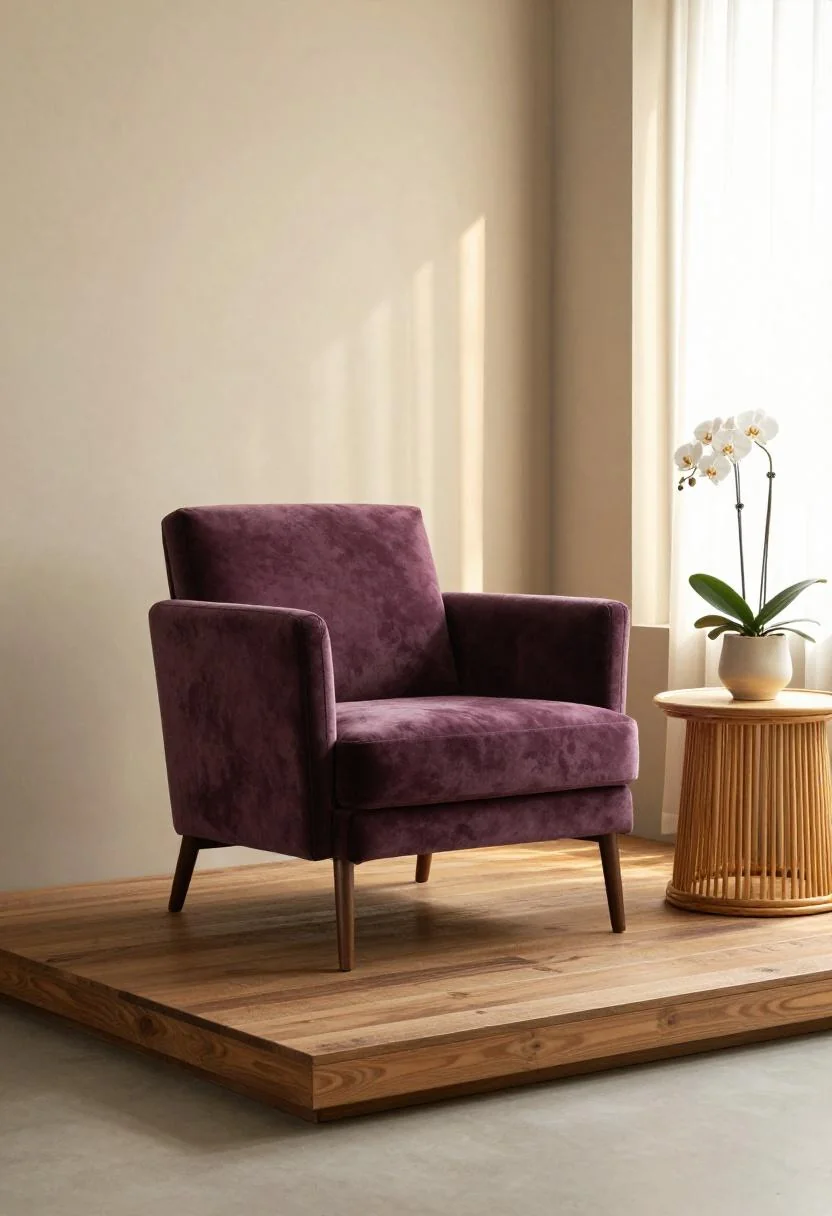 Plum noir velvet armchair paired with a bamboo side table and orchid in warm golden light