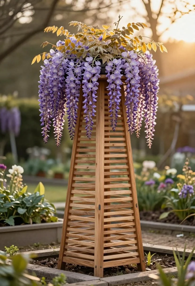 Pine obelisk trellis draped in deep plum wisteria blooms catching golden hour light