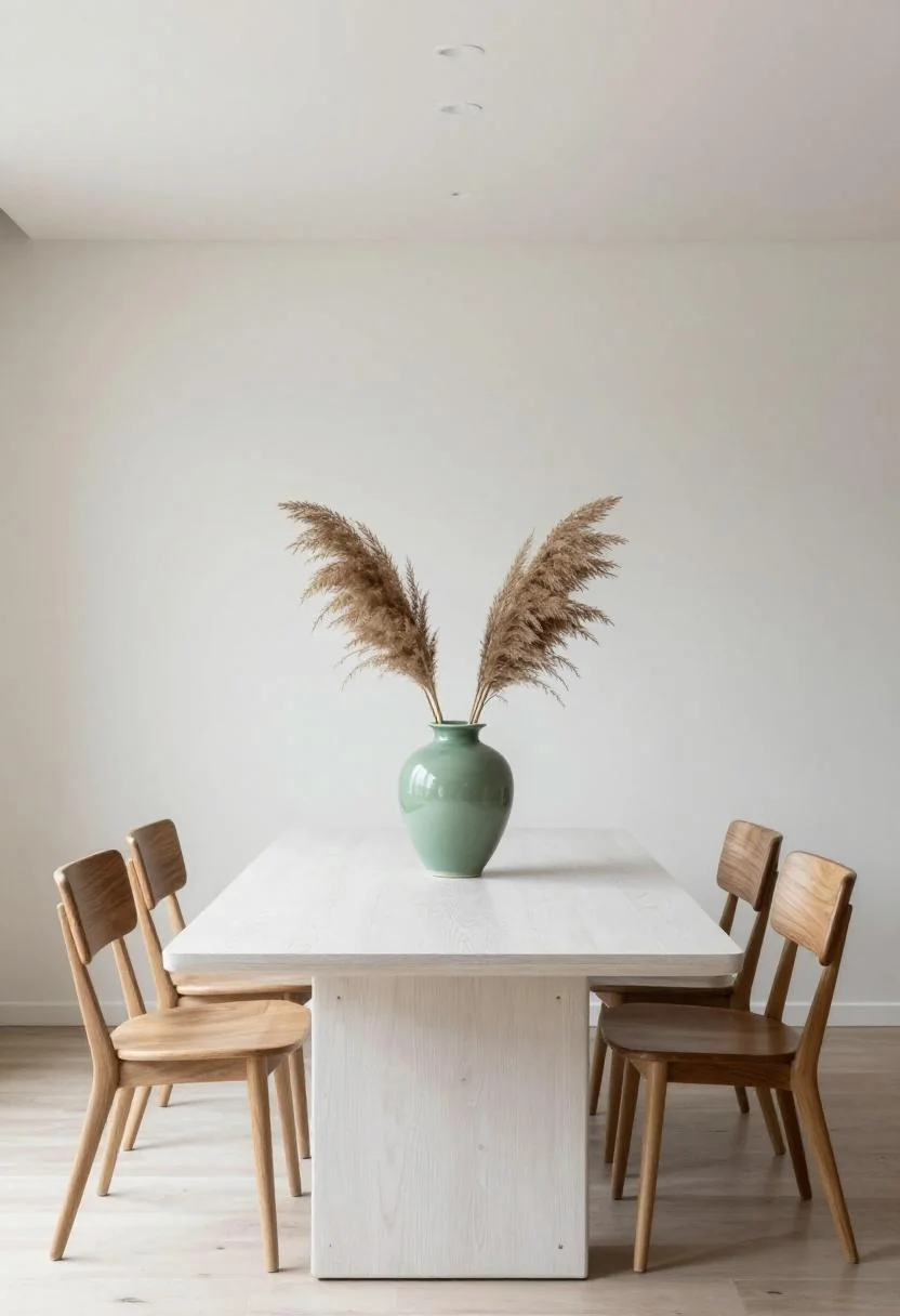 Minimalist dining room centered on a jade green ceramic vase with dried pampas grass