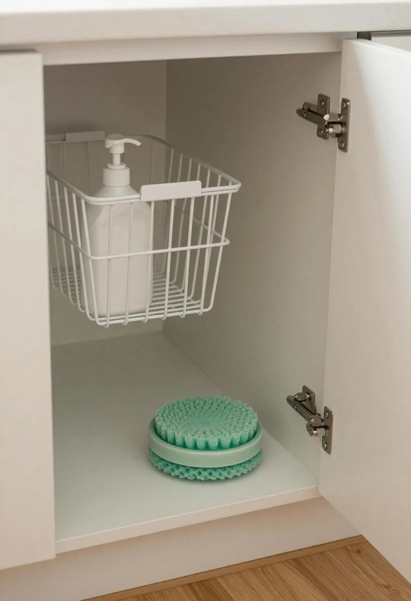 Under-sink cabinet with a pull-out wire basket and jade green ceramic soap dish