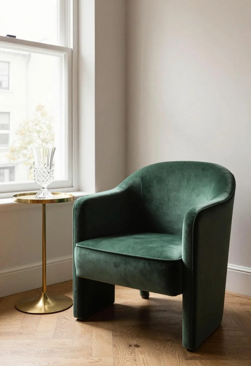 Jade green velvet armchair beside a gilded brass table holding a crystal-cut glass vase