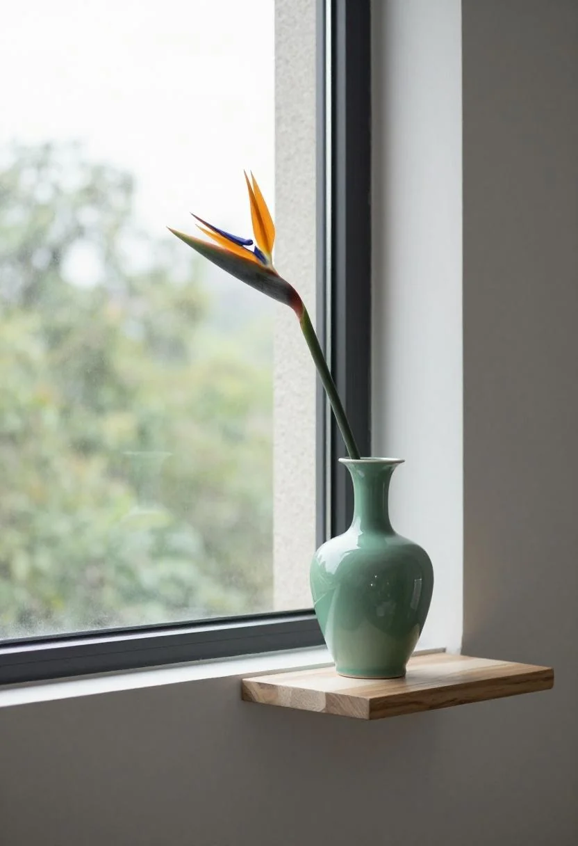 Jade green ceramic vase with a bird of paradise stem displayed on a bleached teak shelf