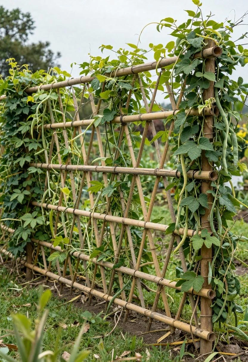 Bamboo trellis lined with lush jade green bean vines along a garden path in diffused light